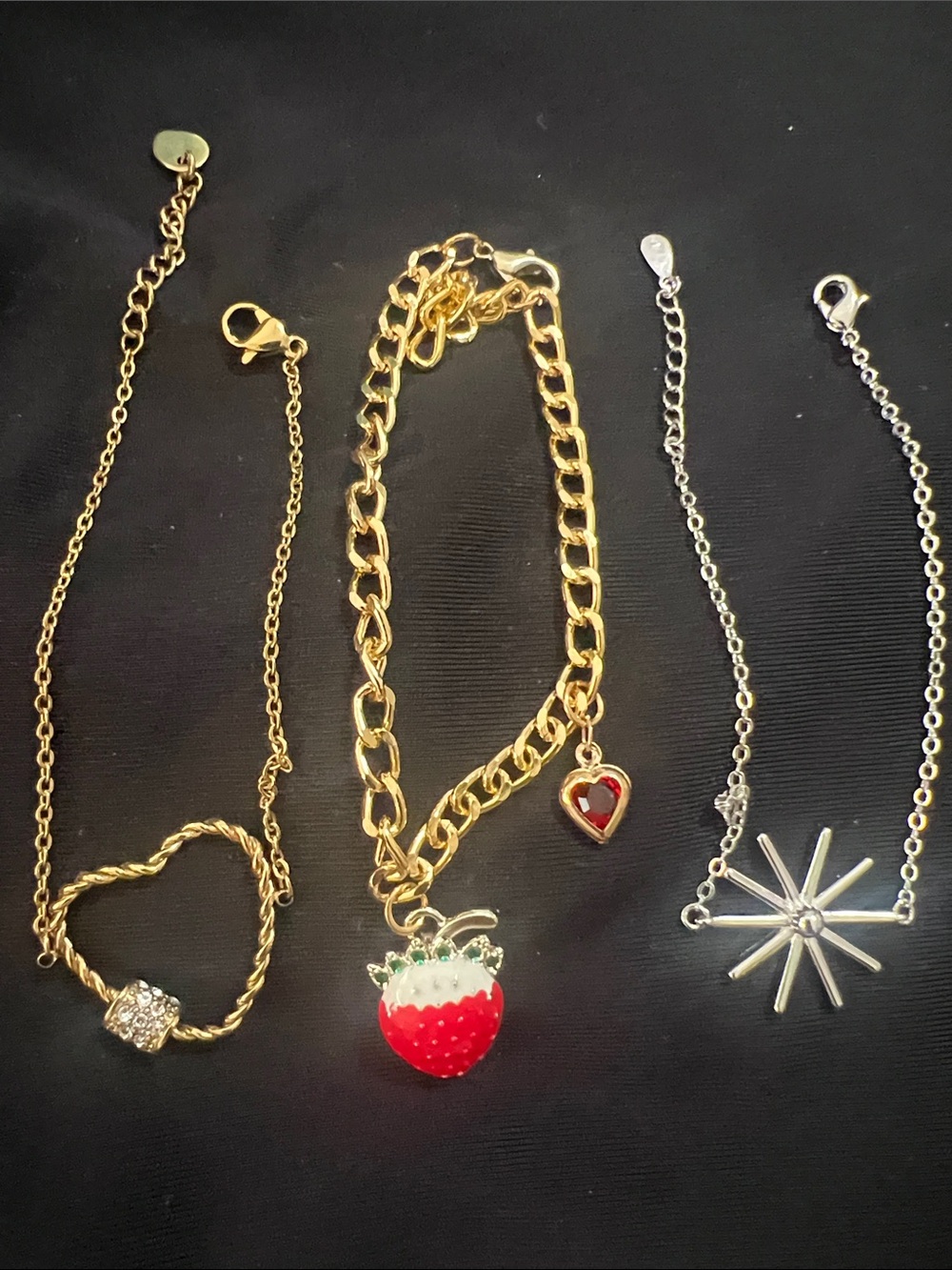 Gold Tone Strawberry Charm Bracelet with Red Heart Accent